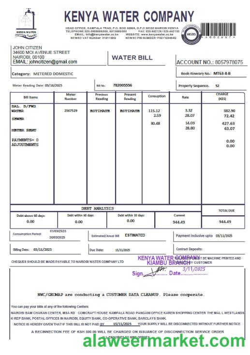 Kenya Kenya Water Company utility bill template in Word and PDF formats